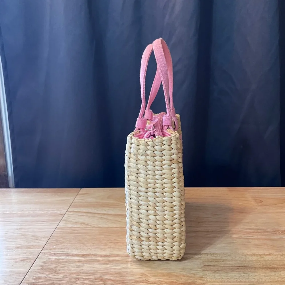 Woven Straw Daisy Tote Bag Pink Gingham Lining Sequin Floral Embroidery Small